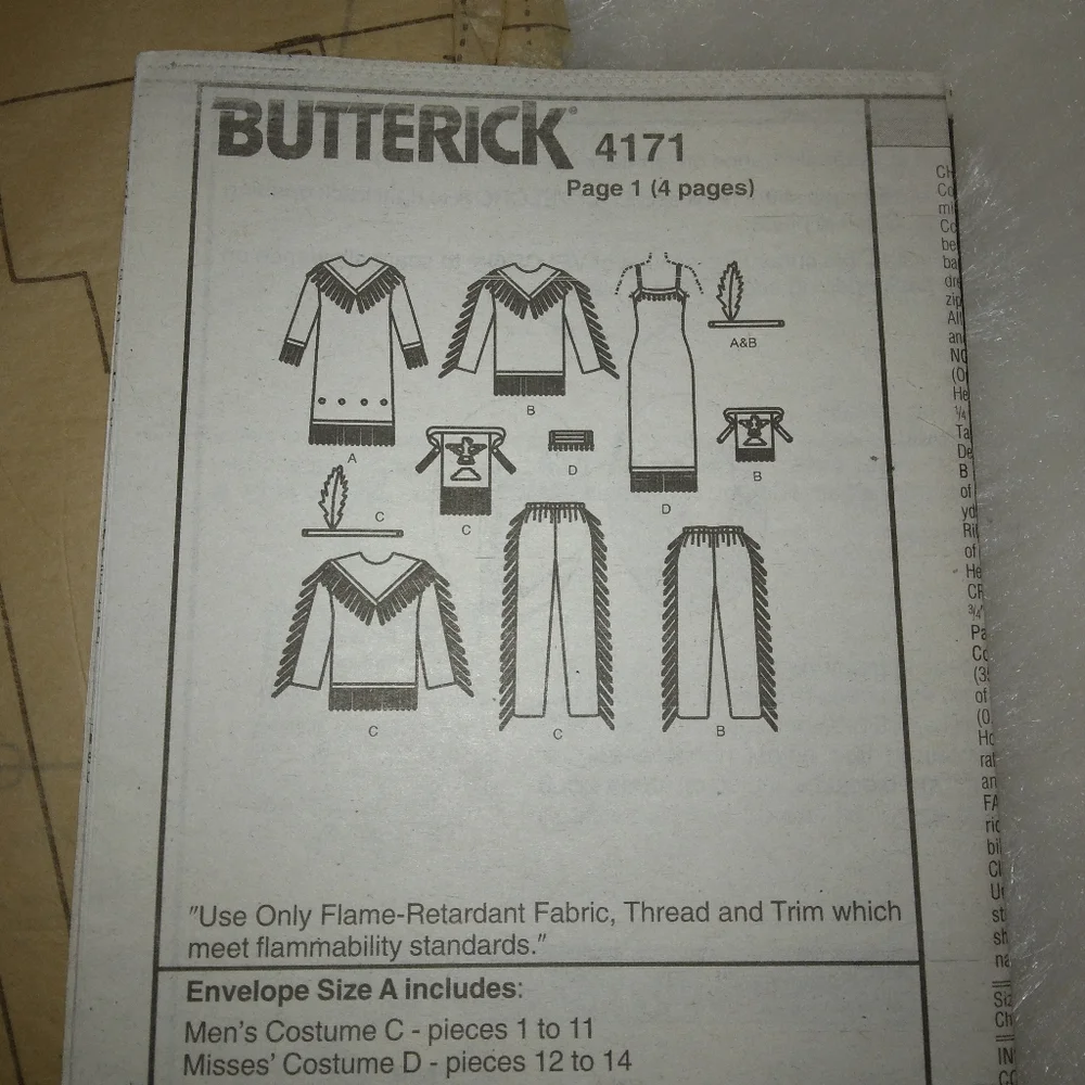 Butterick 4172 Native American costumes. Adult sizes.